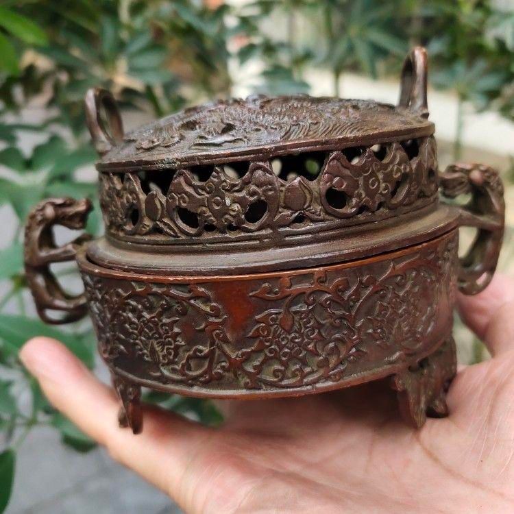 銅製 龍鳳薫香炉 盤薫炉 香道具 装飾品 工芸品 美術品 置物