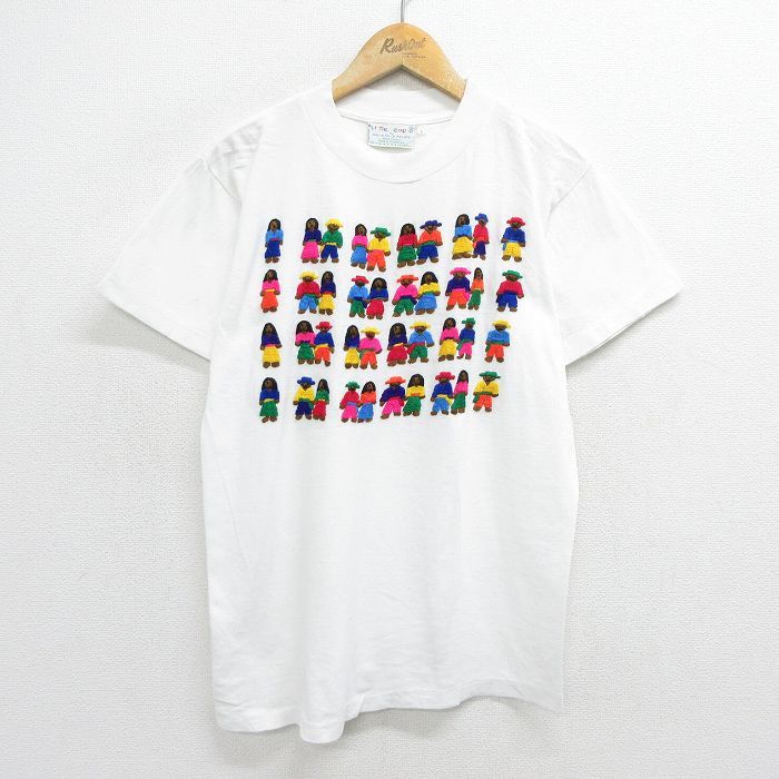L/古着 半袖 ビンテージ Tシャツ メンズ 90s 人 刺繍 コットン クルーネック 白 ホワイト 24feb21 中古