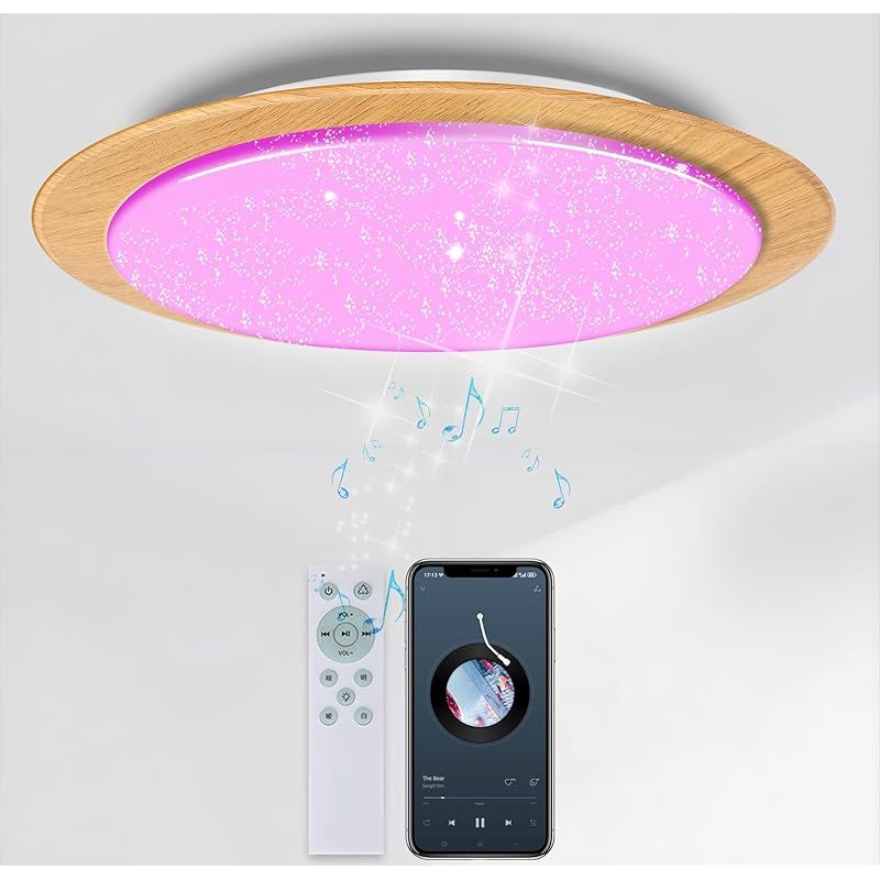 TAIGURAZ BT-MWH LED シーリングライト 木目調 6畳 内蔵のBluetooth スピーカー 音楽 天井照明 3800lm RGB 調光調色 リモコン付き 明るさメモリー 常夜灯 おしゃれ 薄型 照明器具 部屋 キッチン 洗面所 寝室に適用 0