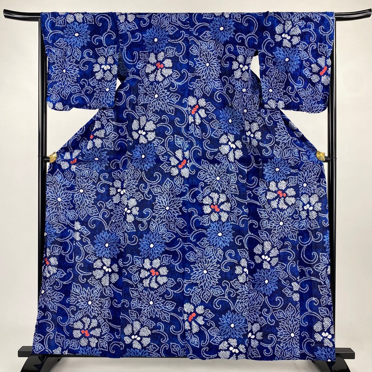 浴衣 身丈160.5cm 裄丈66cm M 絞り浴衣 花唐草 藍色 綿 名品