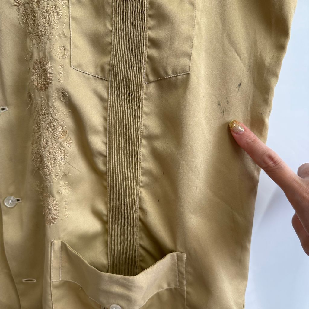 キューバシャツ メンズ 開襟シャツ 半袖 刺繍 ポケット 古着 ベージュ LADA キューバシャツ 柄シャツ 全刺繍 4ポケット 開襟 メンズL