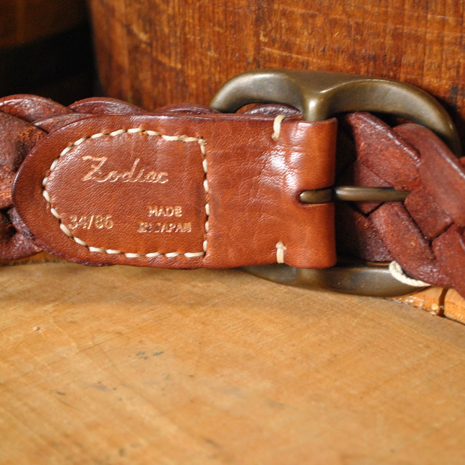 ZODIACワイドメッシュ4本編みレザーベルト【ライトブラウン】本