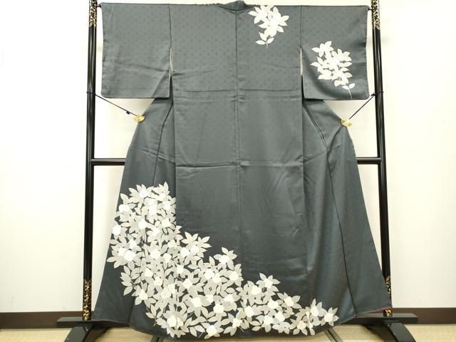 平和屋着物＊夏物 訪問着 絽 手描き 芝草花文 銀彩 洗える着物