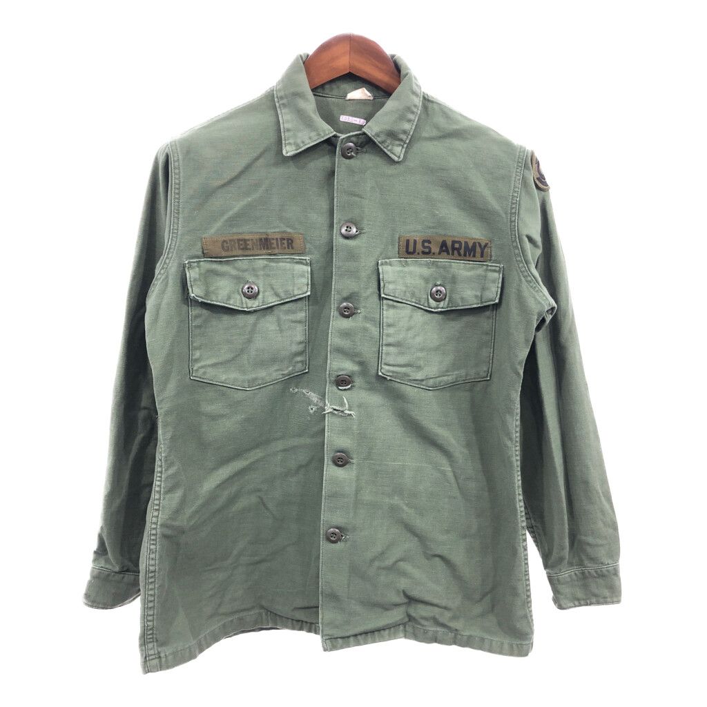 70年代 米軍実物 U.S.ARMY OG-107 コットンサテンシャツ ヴィンテージ ミリタリー グリーン (メンズ 15 1/2) 中古 古着 Q1255
