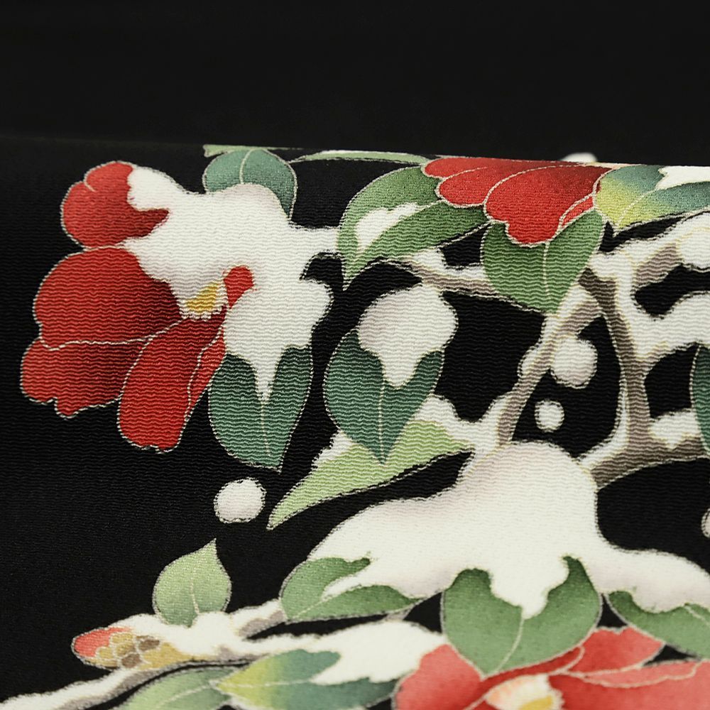 名古屋帯 秀美 正絹 黒地 雪持ち椿 カジュアル 仕立て上がり 手描友禅