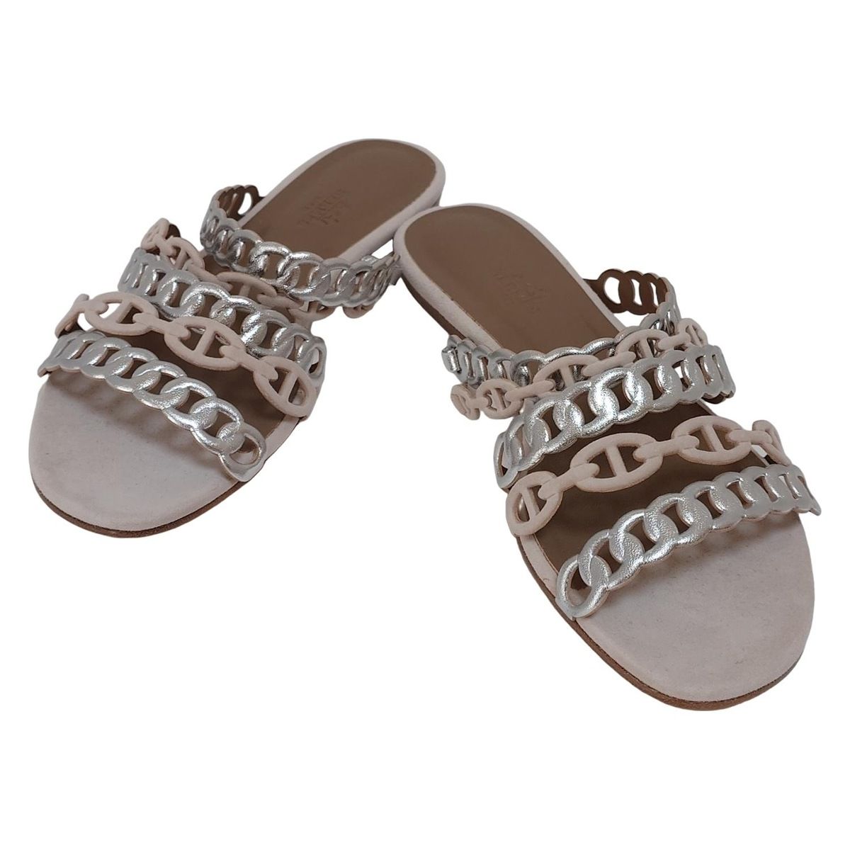 HERMES エルメス サンダル 37 レディース ヌード シルバー×ライトベージュ シェーヌダンクル レザー