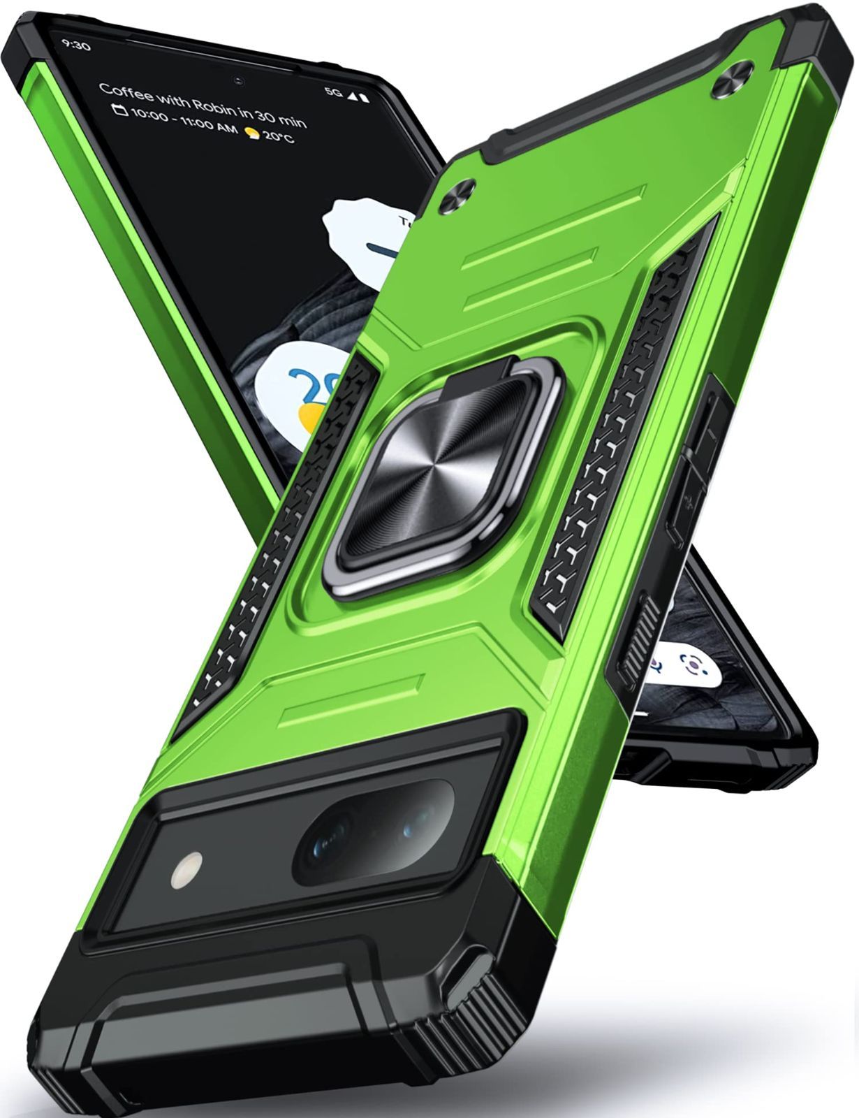 【在庫処分】6.1 カバー グーグルピクセル7A スマホケース[マグネット式カーマウントに対応] インチ 耐衝撃 米軍MIL 360度回転メタルリングキックスタンド付き ケース グリーン 7A Pixel Google DASF