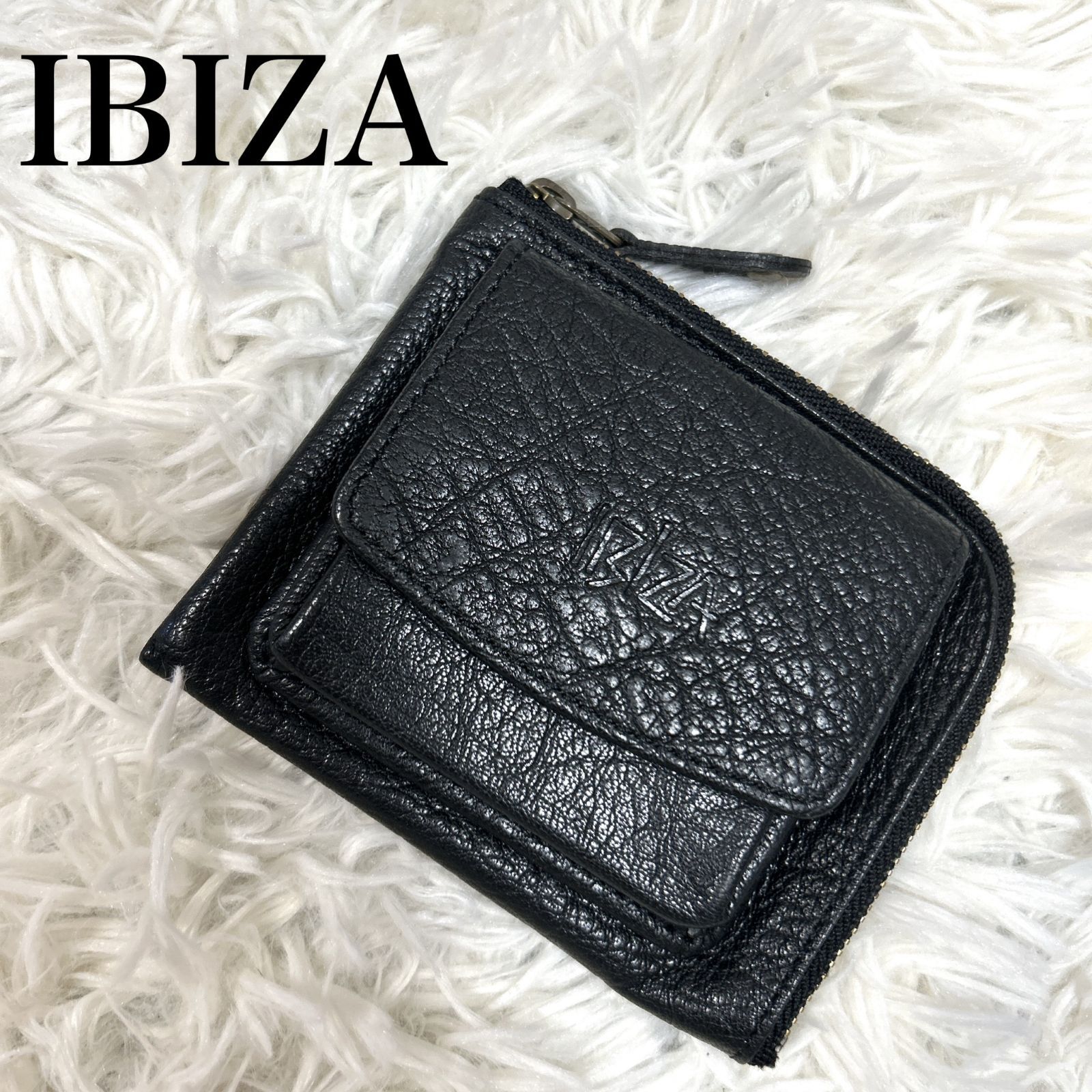 美品 IBIZA イビザ 財布 ショート L字ファスナー 本革 レザー ブラック