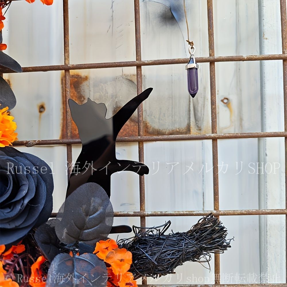 ハロウィンリース　オーナメント　ハンドメイド　三日月リース　クレセント　黒猫 ハロウィンリース 黒猫 LEDライト付き ネコ ハロウィン
