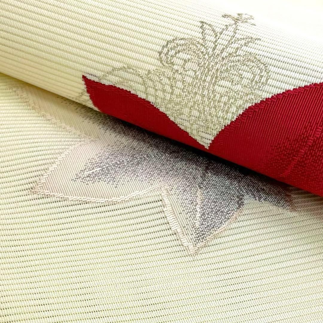 夏帯 名古屋帯 絽 じゅらく 紅葉 花唐草模様 薄淡黄色 O-3826 夏帯 名古屋帯 絽 じゅらく 紅葉 花唐草模様 薄淡黄色 O-3826