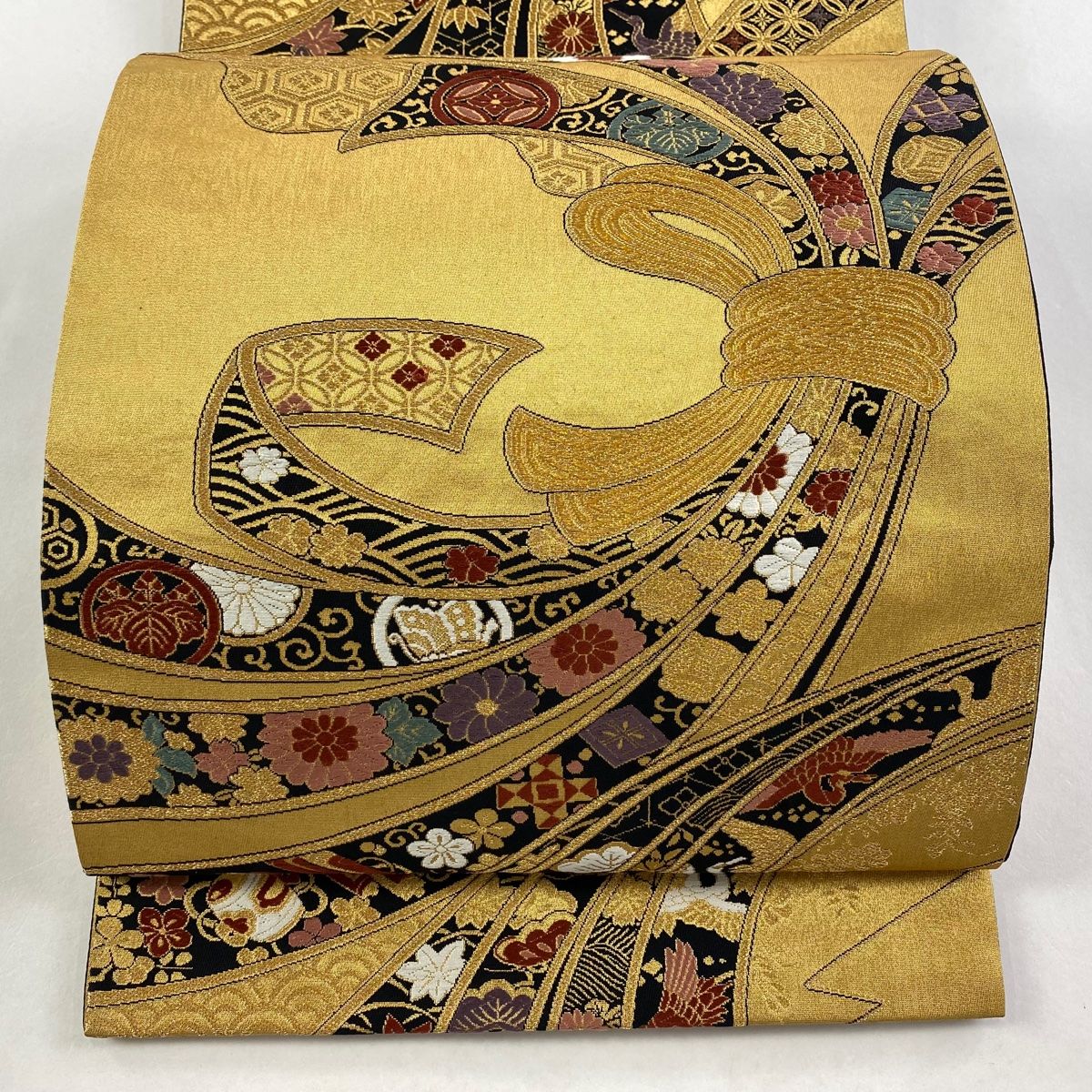 袋帯 秀品 束ね熨斗 菊唐草 金糸 箔 金色 六通 正絹