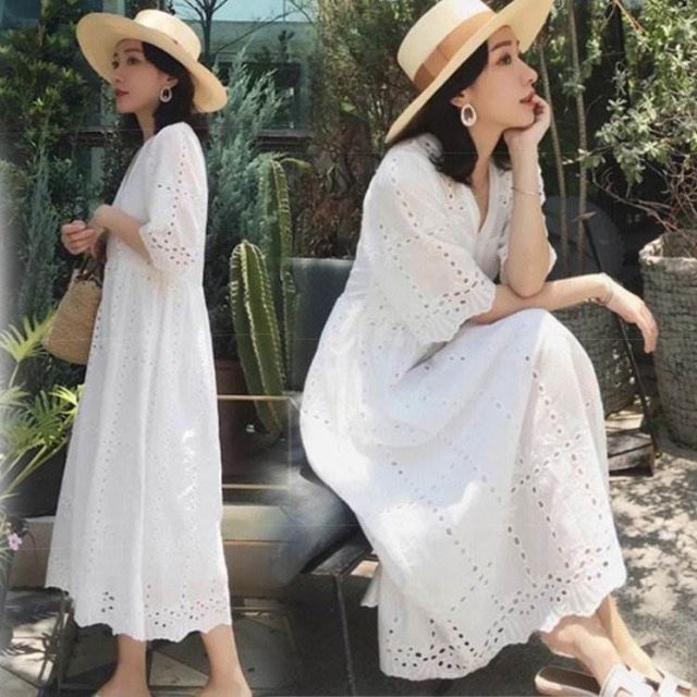 ワンピース サマードレス パンチング マタニティワンピース Vネック 膝下丈 ミモレ丈 袖あり 五分袖 コットン レース Aライン プルオーバー ハイウエスト 透け感 体型カバー かわいい 大人可愛い きれいめ 上品 おしゃれ フェミニン キュート ナチュラル 普段使い 無地 10代 ワンピース サマードレス パンチング マタニティワンピース Vネック