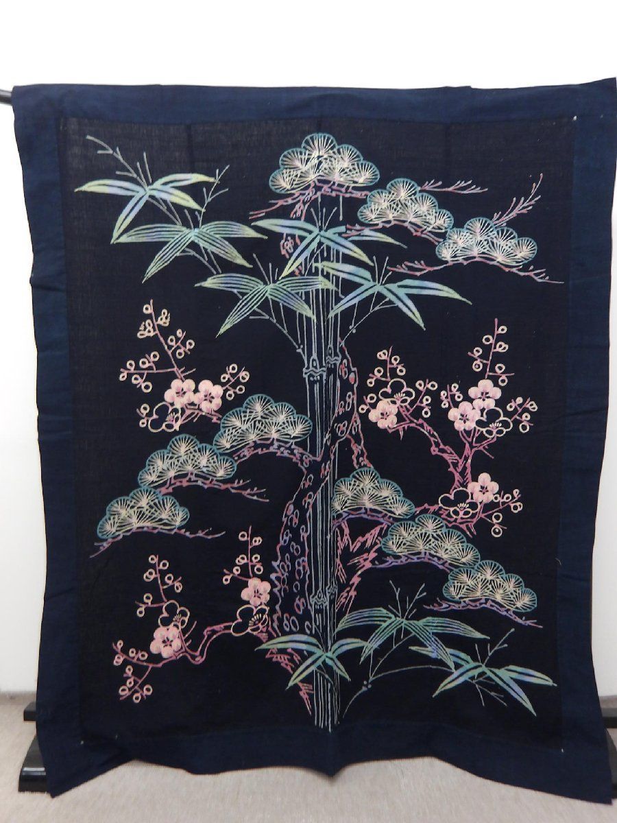 P40357 古い 筒描き 木綿 藍染め ４巾 額縁仕立て 古布古裂 ｋ