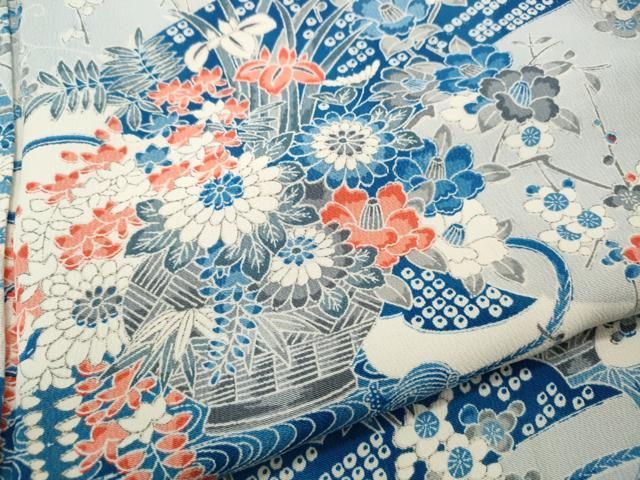 平和屋着物▽上質な小紋　単衣　総刺繍　花籠文　金糸　正絹　逸品　DAAS0465az 平和屋着物▽上質な小紋 単衣 総刺繍 花籠文 金糸 正絹