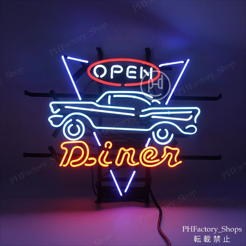 ネオン管 Car Open Diner ネオンサイン カーオープン ガレージ 店舗 ネオン看板 アメリカン雑貨 室内装飾 店舗装飾 48x38cm A256