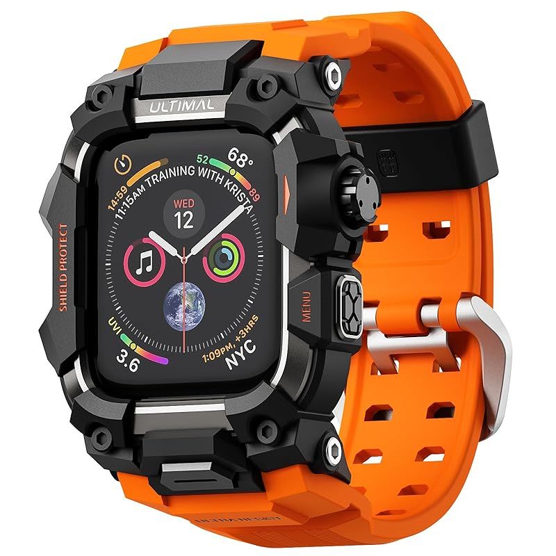 コンパチブル Apple Watch バンド アップル ウォッチ バンド ケース 一体型 TPU|TPE 耐衝撃 滑り止め 耐久性 落下防止 オレンジ ブラック 44mm