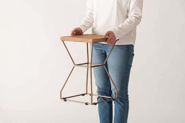 天然木（チーク） とアンティークゴールドスチールのデザインスツール（四角形）No.016（W30×D30×H45cm）