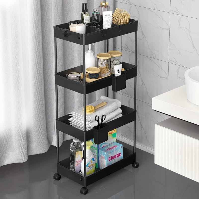 SPACEKEEPER キッチンワゴン 隙間収納 スリム 22cm 収納カップ 仕切板付き 多機能 小物 食品 調味料 キャスター付き 組立簡単 浴室 台所 冷蔵庫横 4段 ブラック 0