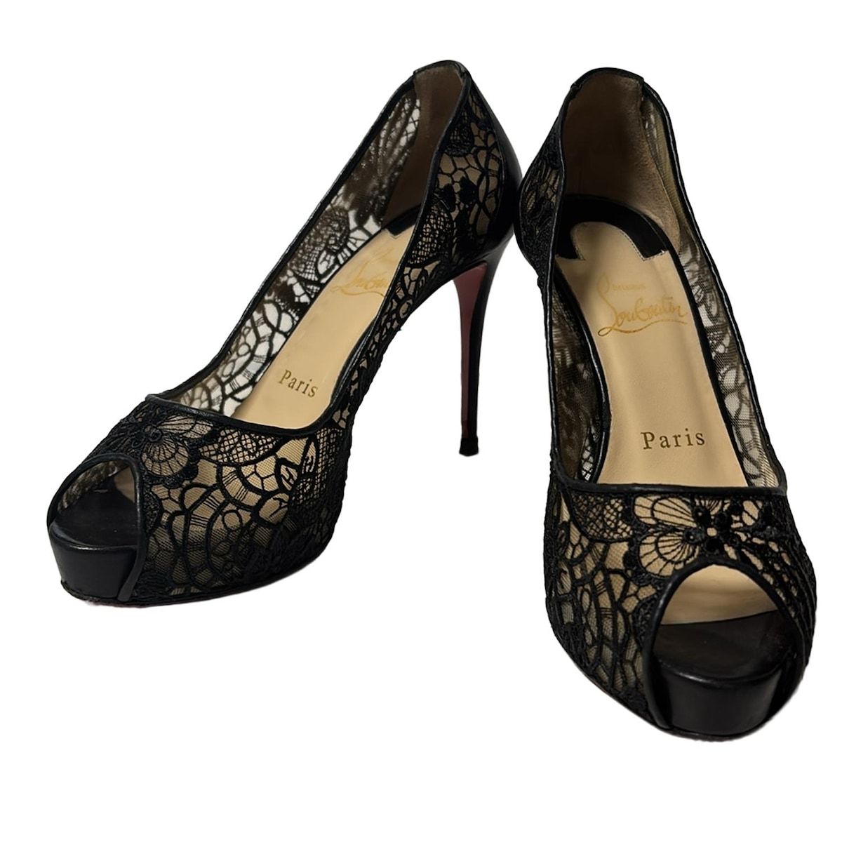 CHRISTIAN LOUBOUTIN クリスチャンルブタン パンプス 35 1 2 レディース - 黒 レース オープントゥ レザー