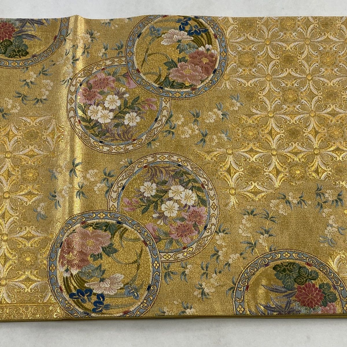 ゆりのはな　袋帯　エジプト舟　友禅金彩加工　地紋入り　お太鼓柄　正絹　H506 ゆりのはな 袋帯 エジプト舟 友禅金彩加工 地紋入り お太鼓柄