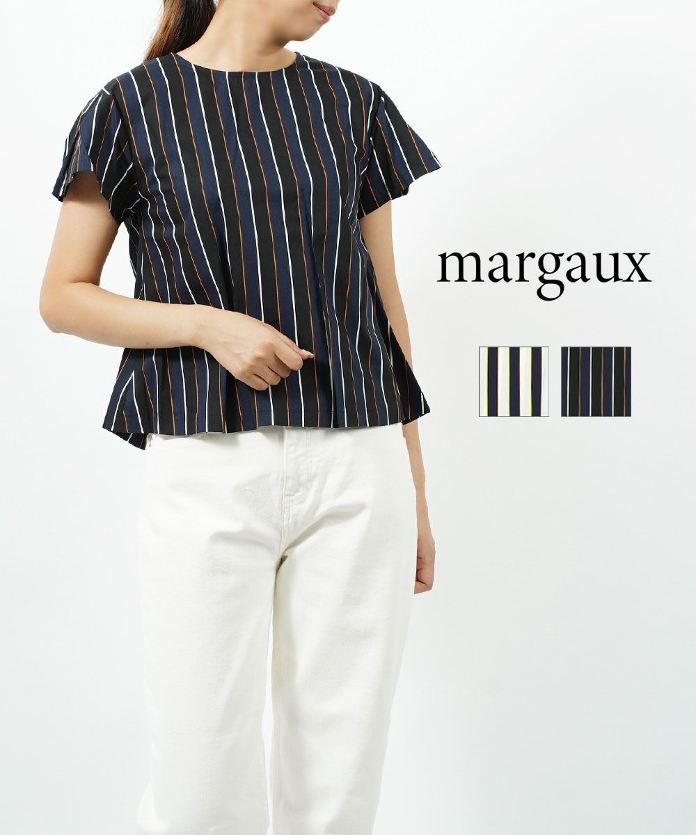 margaux(マルゴー) コットンストライプ タックスリーブブラウス・BL-1521・2861501    レディース 女性 誕生日プレゼント ギフト 正規品 新品 マルゴー margaux コットン ストライプ タックスリーブ ブラウス・BL