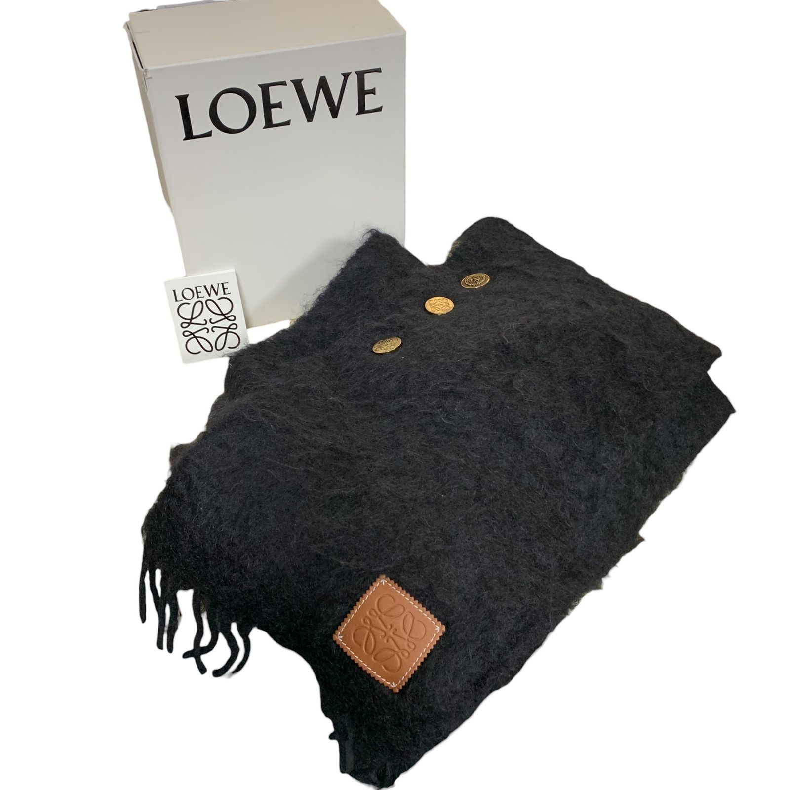 ◆中古品◆LOEWE ロエベ マフラー モヘア 金ボタン フリンジ ストール レディース 黒 ブラック R67306NB