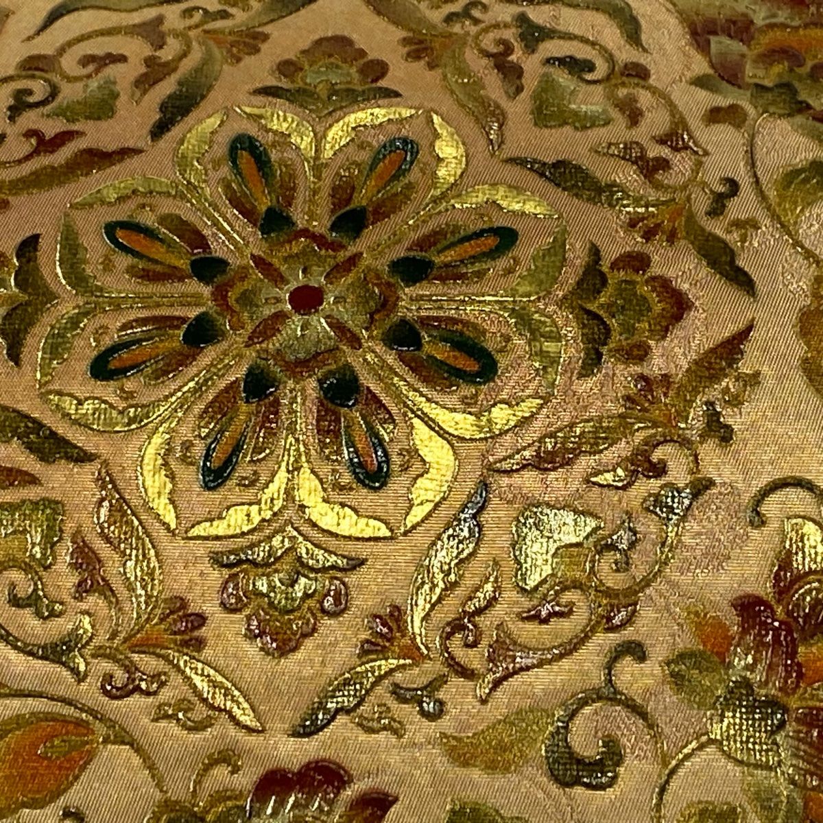 袋帯 秀品 落款 華文 花唐草 金彩 花喰鳥 金色 お太鼓柄 正絹
