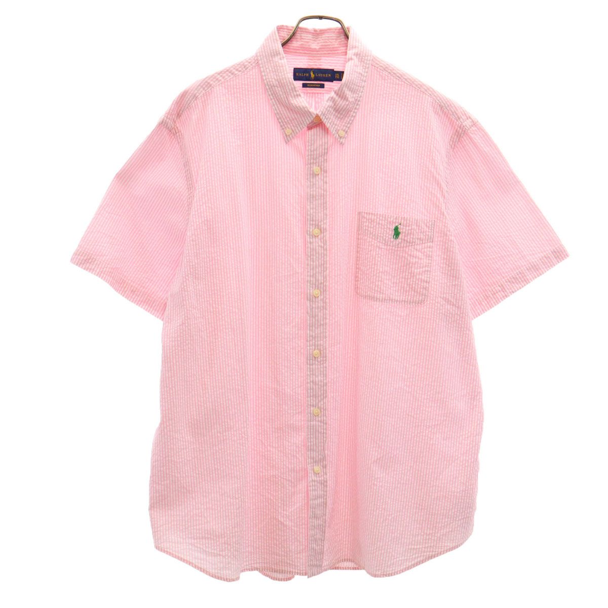  RALPH LAUREN ラルフローレン ストライプ柄 半袖 シャツ XXL ピンク系 シアサッカー ビックサイズ メンズ 古着 半袖シャツ