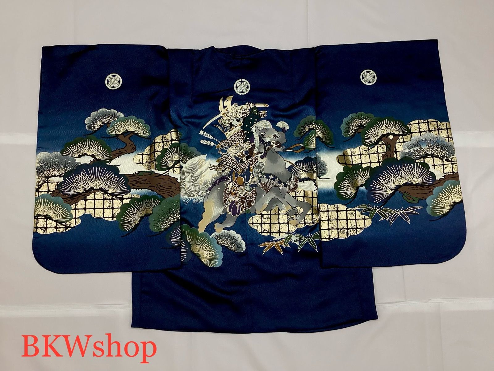 格子雲に武者柄 着物