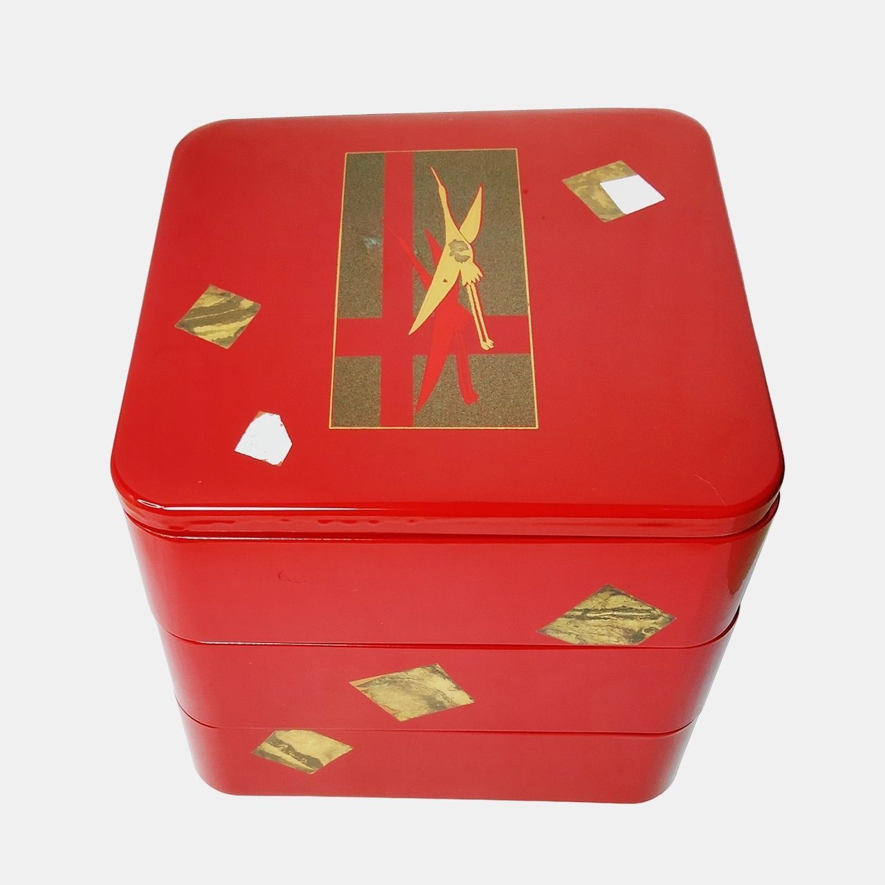 3段 重箱 鶴 朱 漆器 三段重 花うるし 合成漆器 ナショナル漆器用