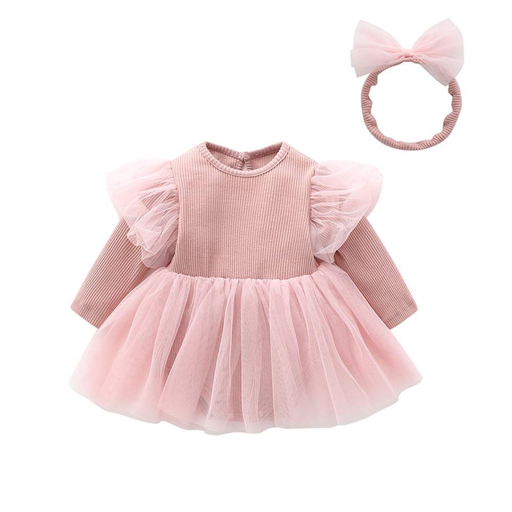 【迅速発送】Baby koi ベビー服 長袖ワンピース女の子春秋 チュールスカートカバーオール髪飾り 赤ちゃん出産準備贈り物フリル無地ピンク6Ｍ