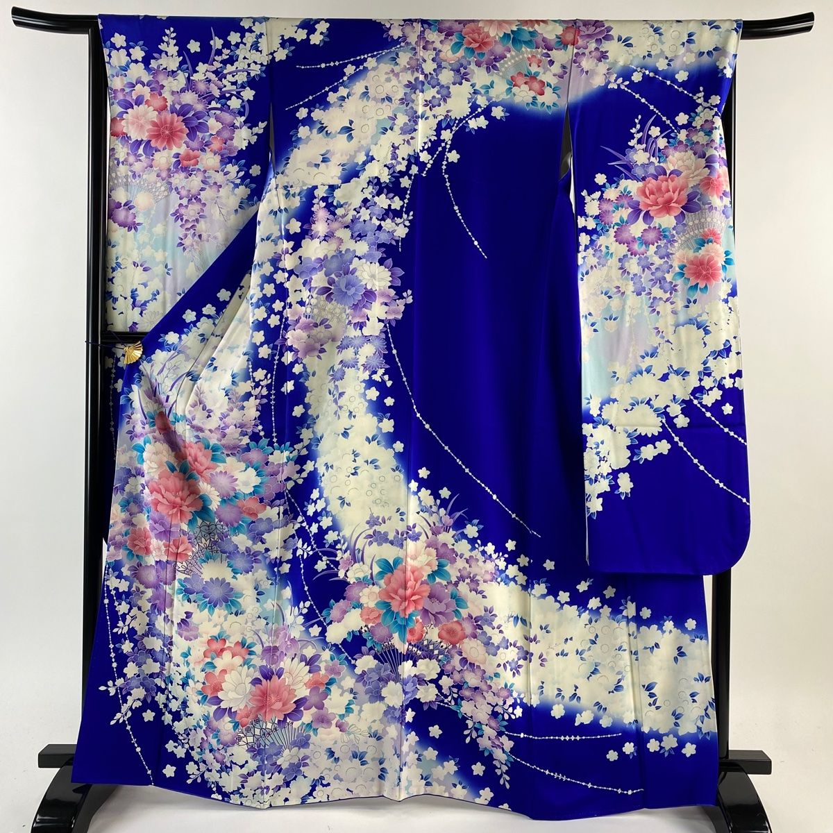 振袖 身丈165.5cm 裄丈66.5cm M 袷 牡丹 桜 銀彩 ぼかし 青 正絹 優品 【中古】