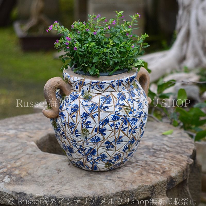 プランター 植木鉢 丸いフォルム 青 ヴィンテージ調 ブルー フラワーポット ガーデニング 雑貨 ガーデン雑貨 ガーデンインテリア ガーデン インテリア 庭の装飾 お洒落 おしゃれ 8-14