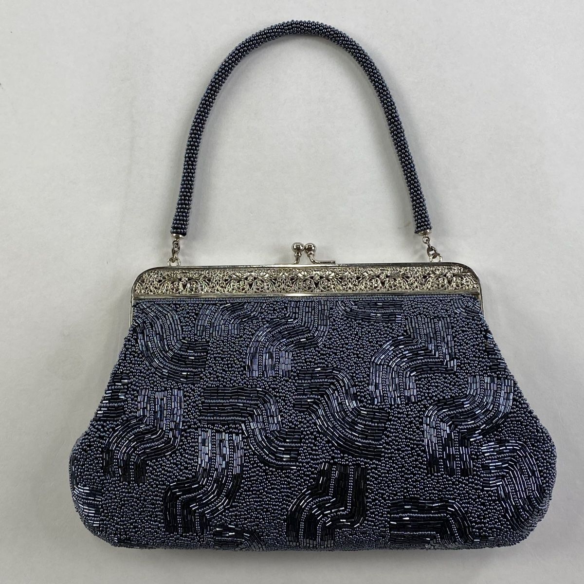 和装バッグ 秀品 ビーズバッグ フォーマル 幾何学 紺色 ビーズ 和装小物