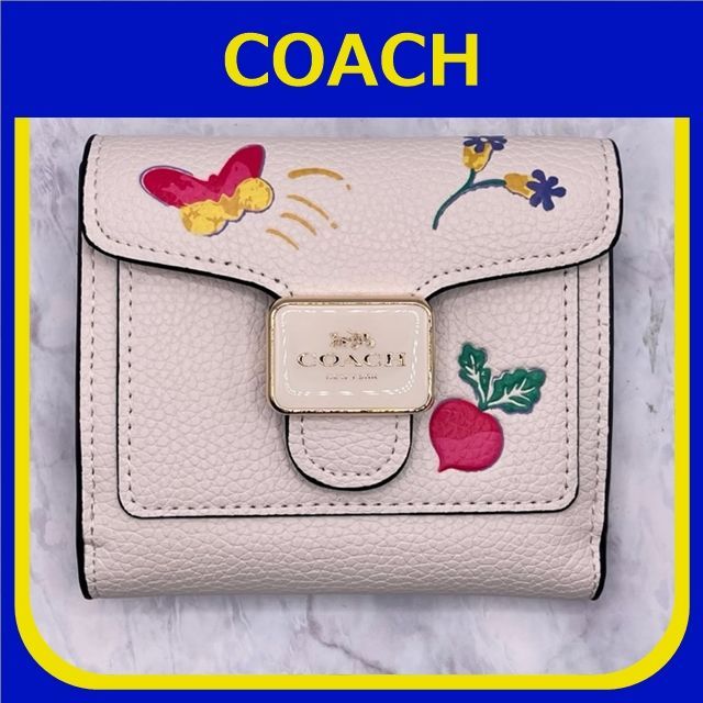 COACH コーチ 折り財布 ホワイト 白色 ドリーミーベジ柄 ピンク-