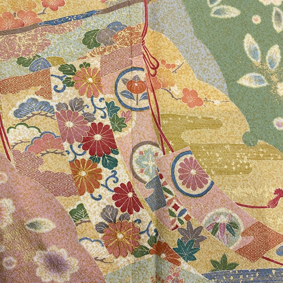 訪問着 身丈169cm 裄丈70cm L 袷 几帳 草花 金糸 金彩 薄緑 正絹 美品