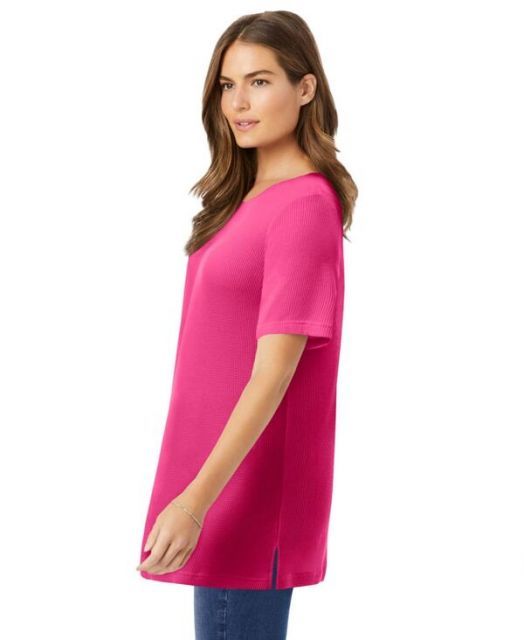  ウーマン ウィズイン レディース シャツ トップス Plus Size Within Waffle Thermal Satin Trim Tee Raspberry sorbet 長袖 シャツ ブラウス