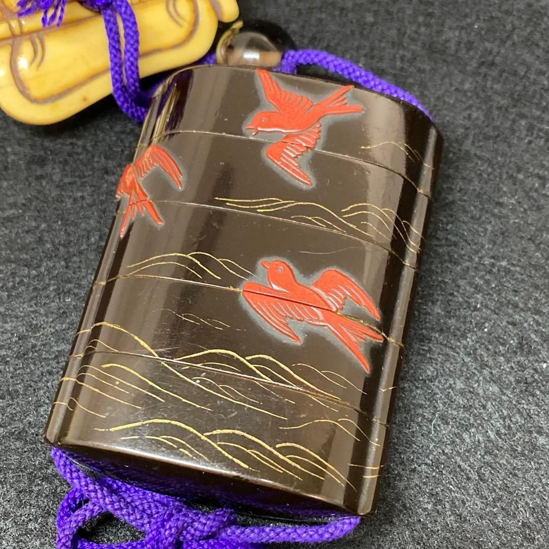 江戸時代 堆朱蒔絵波千鳥五段印籠 上根付53g 東Y7-0109 2Fトトコニ WWW_IBETON_RU