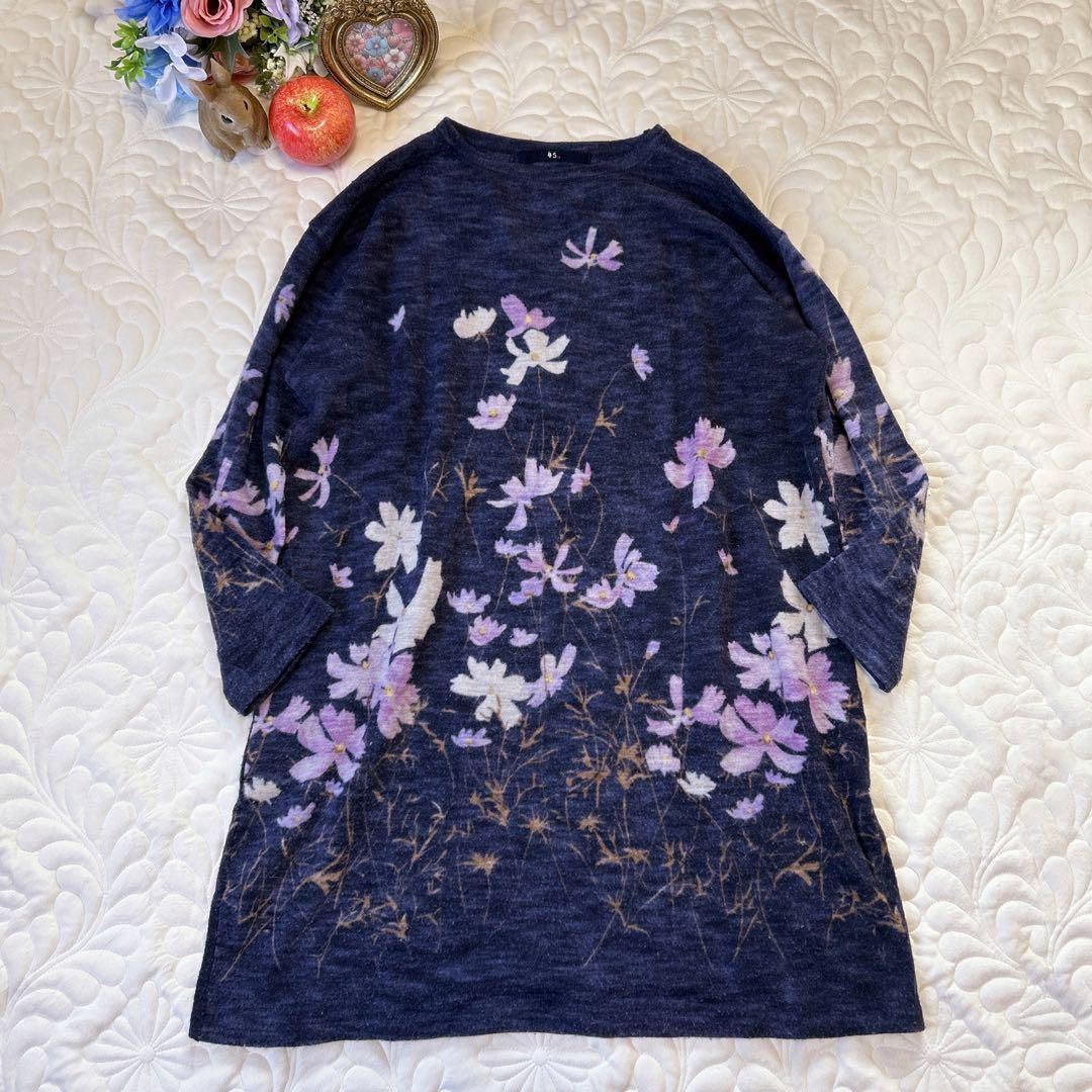 45R フォーティーファイブアール ウール 花柄 ニットワンピース ネイビー系 サイズ0