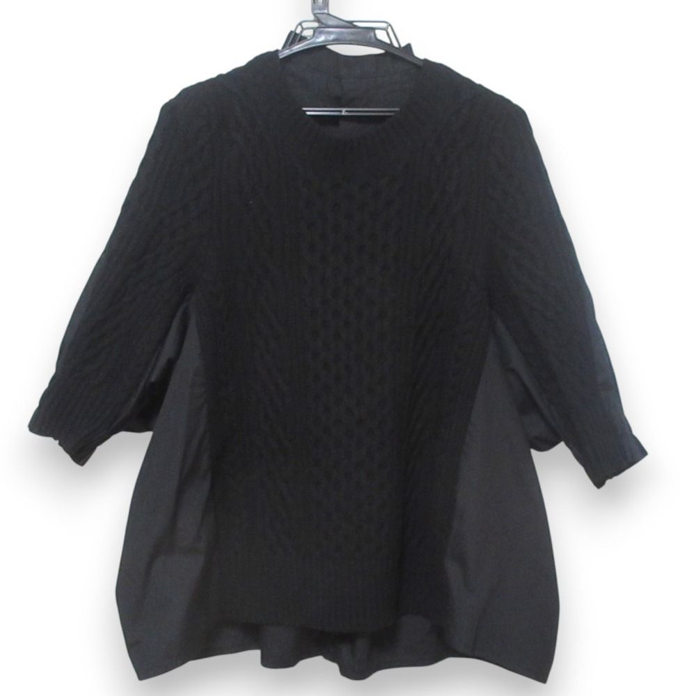 sacai - 美品 sacai サカイ ウール100％ シャツドッキング バックボタン ハーフスリーブ リブニット カットソー 18-04057 2 ブラック レディース 古着 中古 USED 美品 sacai サカイ ウール100％ シャツドッキング バックボタン