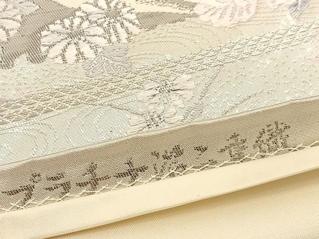 ホワイト 袋帯 花と鳥の刺繍　プラチナ　二重箔　名物天平華紋　きもの　おしゃれ ホワイト 袋帯 花と鳥の刺繍 プラチナ 二重箔 名物天平華紋
