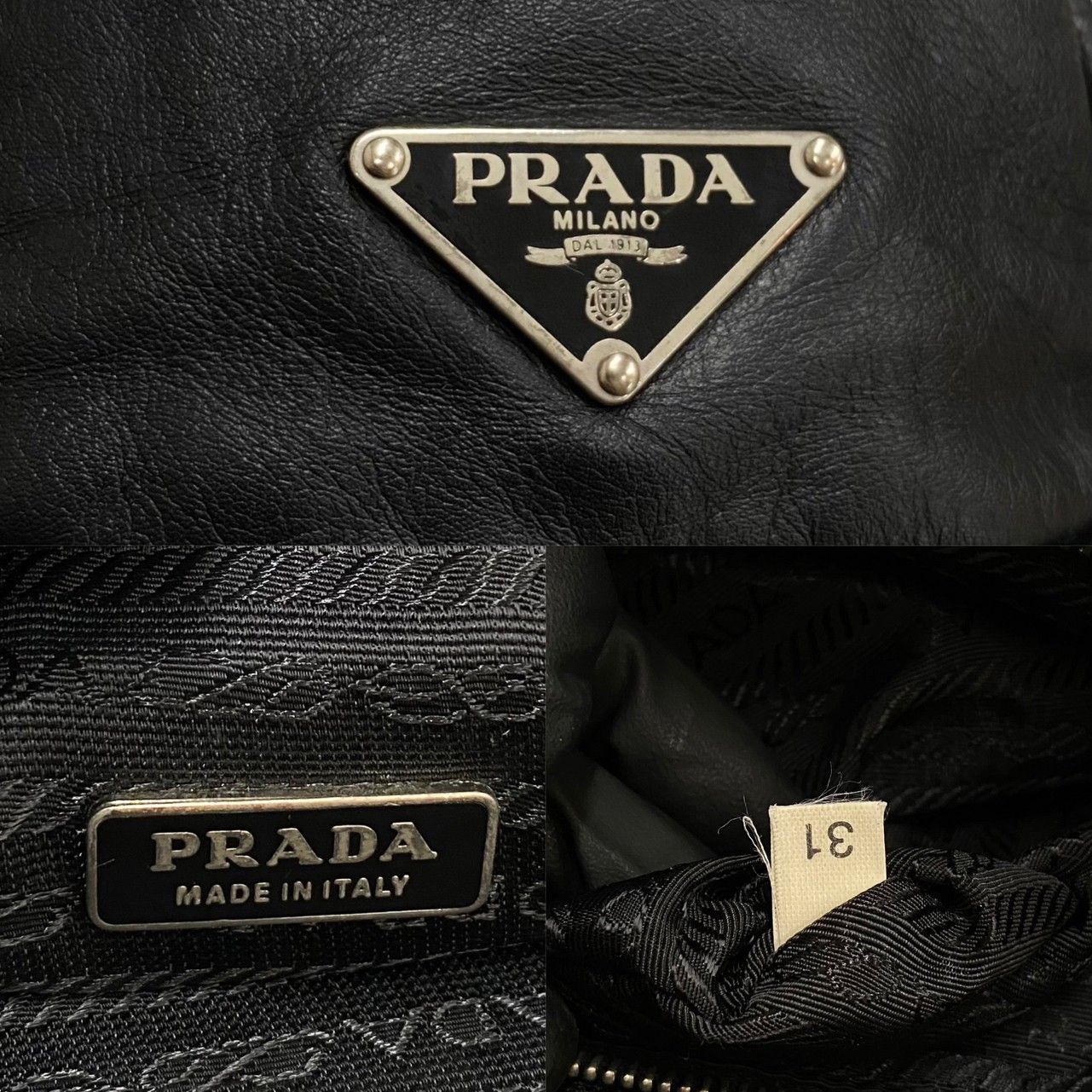 極 美品 希少品 PRADA プラダ 三角ロゴ 金具 ナッパレザー 本革 ギャザー ハンドバッグ ミニ ボストンバッグ ブラック 黒 47767