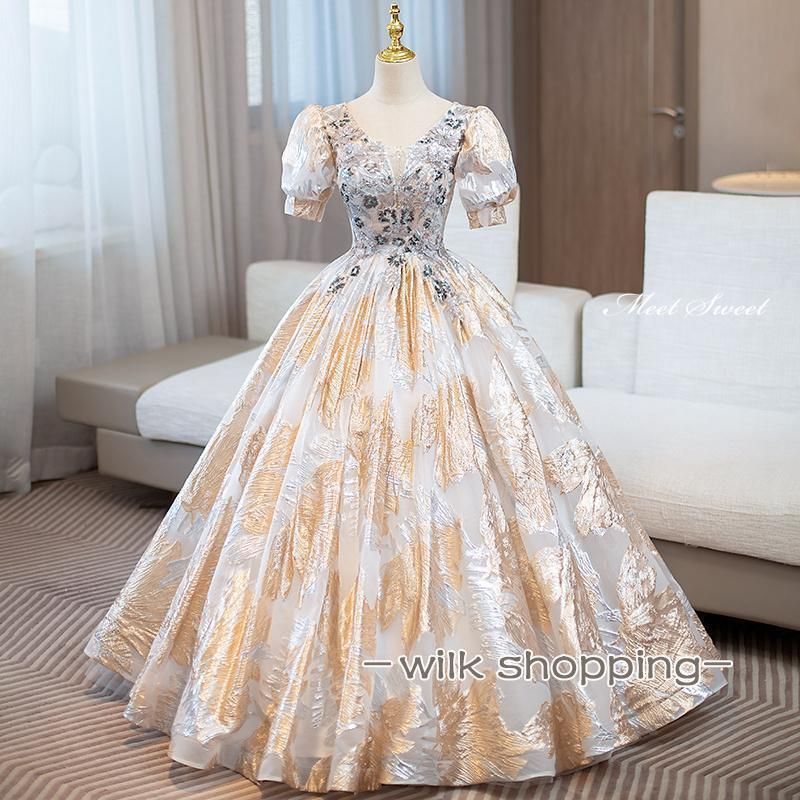 ドレス プリンセスライン ゴールド パフスリーブ 半袖 花柄 ロングドレス ウェディングドレス 結婚式 二次会 花嫁 前撮り 演奏会 発表会 ステージ衣装