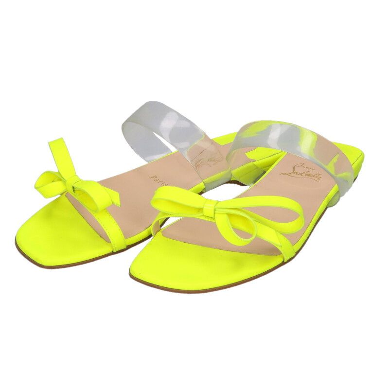 クリスチャンルブタン リボン/クリアストラップフラットサンダル  