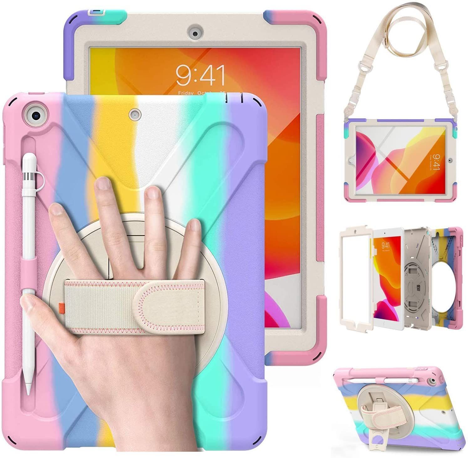 iPad 9世代 8世代 ケース iPad 7世代 ケース カバー ペンホルダー付きiPad 10.2 ケース 2021/2019/2020 キッズ 子供向け 衝撃 防塵 耐久 落下防止 全面保護 丈夫 頑丈 現場 工事 業務用 ショルダー 肩掛け