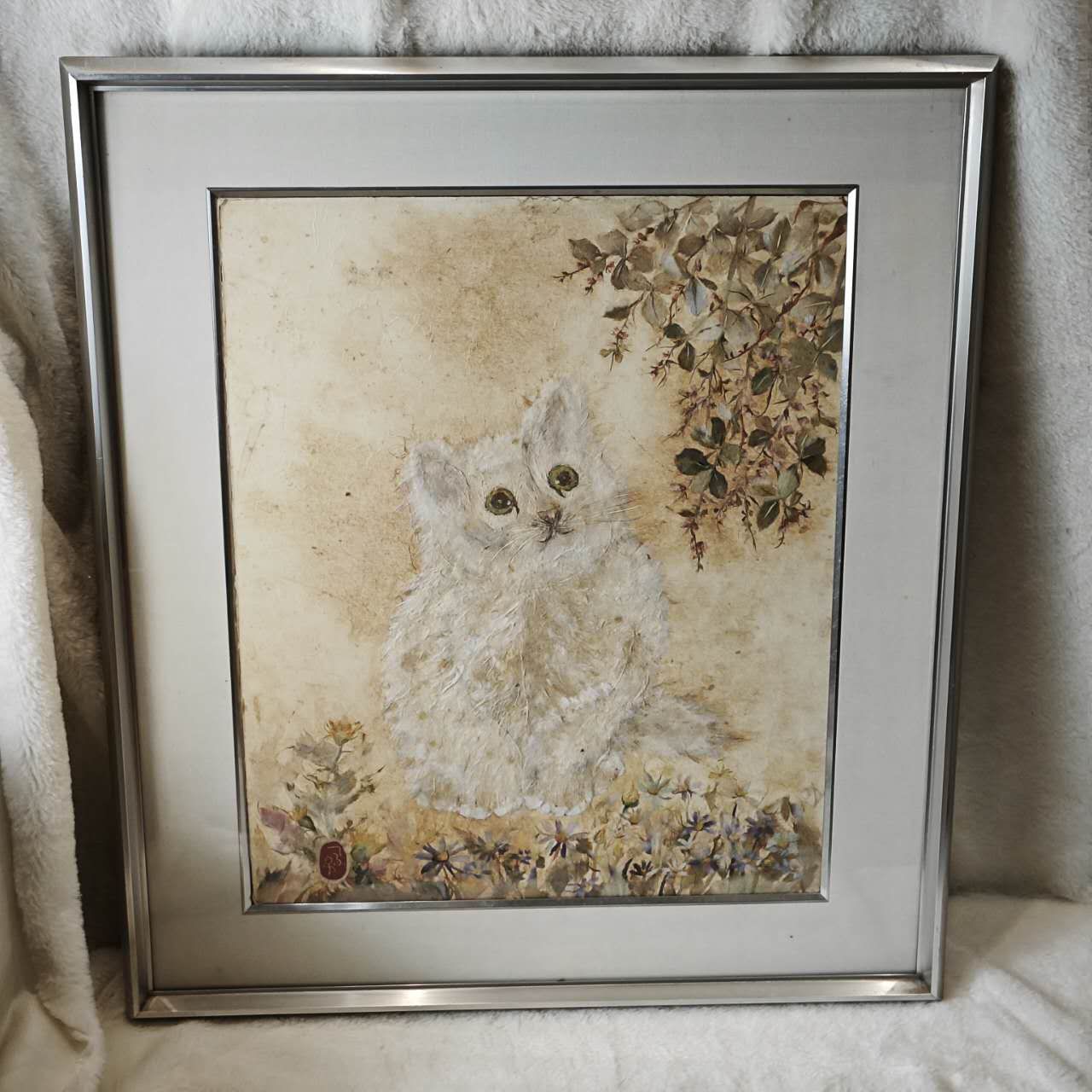 押し花アート 子猫と野草 草木染め 和紙|銀縁額装|ハンドメイド