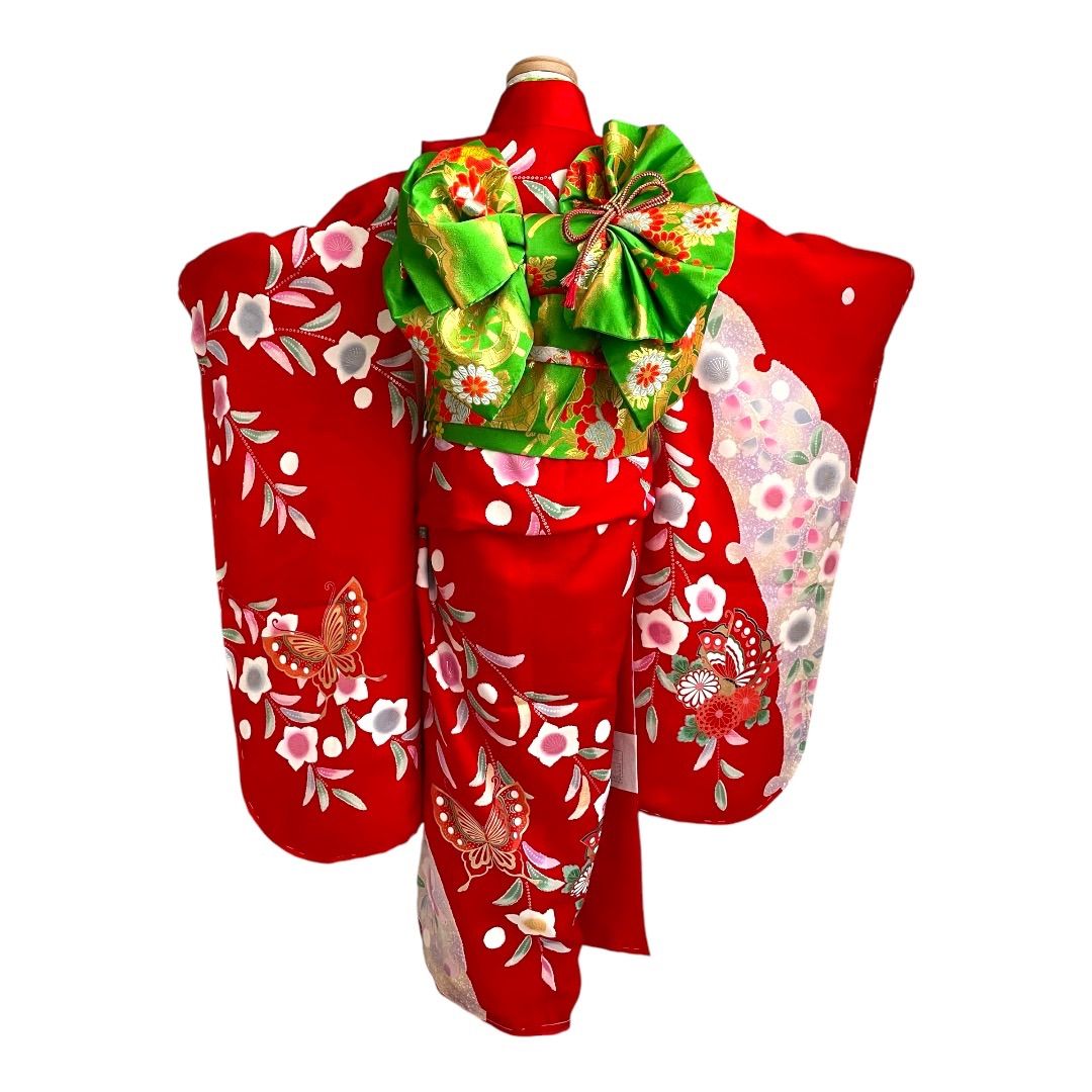 レトロ 七五三 正絹 7歳用 着物 襦袢付 赤 扇