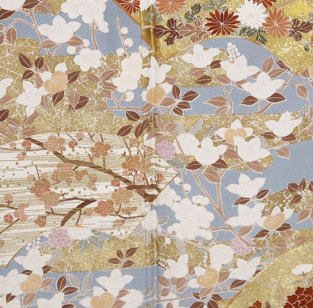 色留袖 袷 正絹 青グレー 金箔 地紙文 橘 牡丹 松竹梅 桜 M