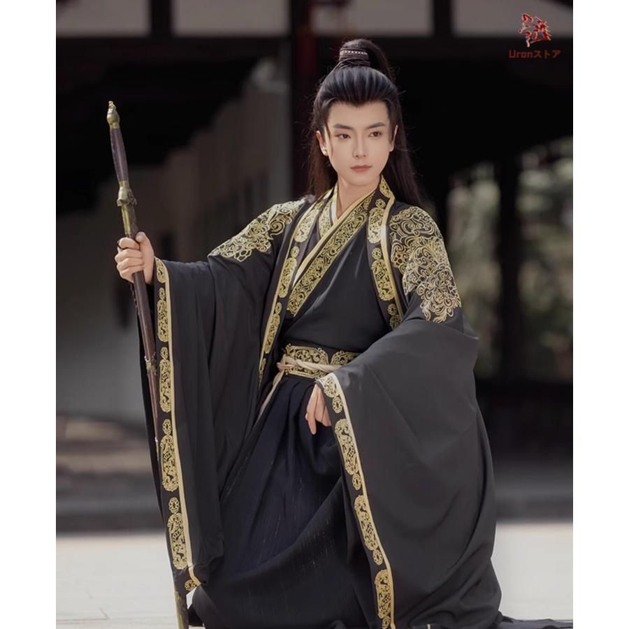 メンズ チャイナ服3点セット 中華コスプレ衣装 振袖の羽織付き 華やか 中華服 大人 華流 ハロウィン 衣装 黒 白 エスニック 金色の刺繍 縁 BJ0903ML535