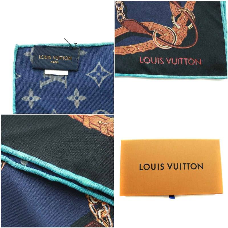 ルイヴィトン LOUIS VUITTON カレ バンダナ ハンドルミー スカーフ 総柄 ベルト チェーン モノグラム 絹 シルク 紺 ネイビー 茶  ブラウン 黒 ブラック M77349 /NW40 □OH - メルカリ